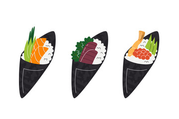 Temaki sushi rolls collection isolated on white. Popular asian food with rice and seafood. Oriental yummy dish street food. Traditional japanese cuisine related hand drawn flat vector illustration