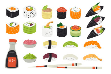 Sushi big collection with nigiri rolls soy sause wasabi ginger and chopsticks isolated on white. Popular asian food with rice and seafood. Japanese cuisine related hand drawn flat vector illustration © Diana