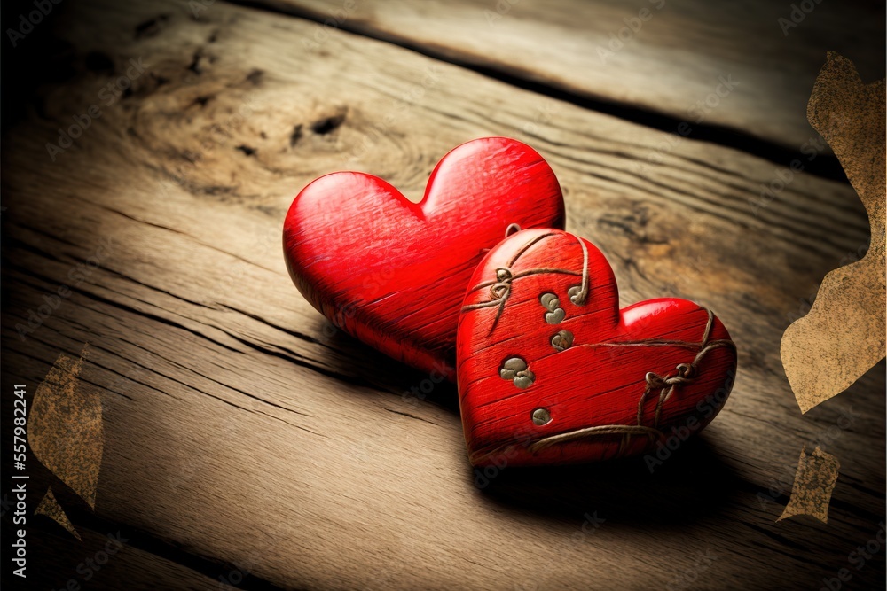 Poster two red heart shaped boxes sitting on top of a wooden table next to a heart shaped box with a lock o