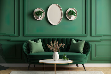 middle table design with sofa and frame against a green wall. interior design of a home. Generative AI