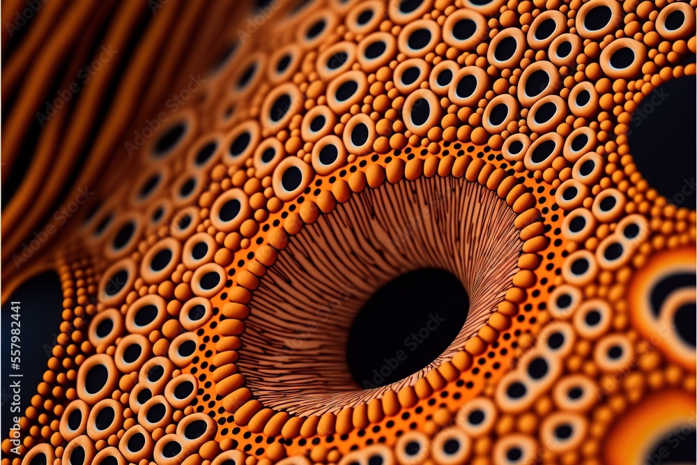 Poster a close up of a decorative object with circles on it's surface and a black background with a blue sk