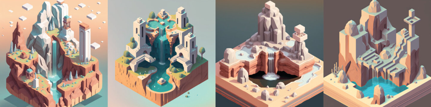 Bundle of 4 3D game design isometric islands concept render art in light colors and pastel gradients in a minimalist and modern style 