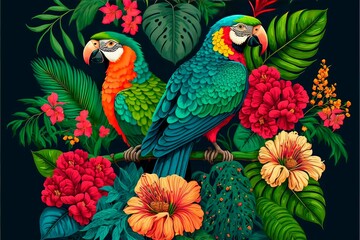 Obraz premium Tropical flowers and leaves of various species with parrots perched on branch. Birds and bright colors floral on dark green background.