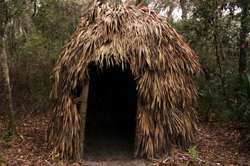 Native American palm frond hut in the woods in Florida