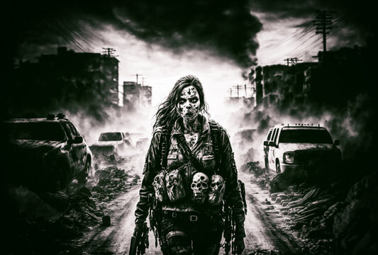 A Female Zombie In a Post-Apocalyptic Scenery Of A Destroyed City. Generative AI