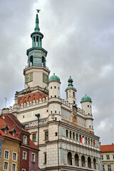 Obraz premium The facade with stone arcades and tower of the historic Renaissance town hall in Poznan