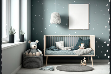 Scandinavian style cozy nursery background with mock up of a wall. Generative AI
