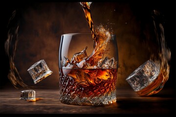 Alcoholic drink with ice, cocktail, splash, rum, liquor, cognac, whiskey, bar. ai generative