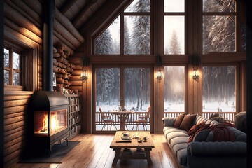 a living room filled with furniture and a fire place next to a wooden floor covered in snow covered trees and a fire place