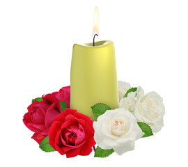 candle and colored roses with flame