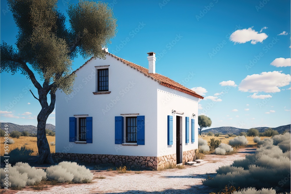 Poster a white house with blue shutters and a tree in front of it on a sunny day with a blue sky and white 