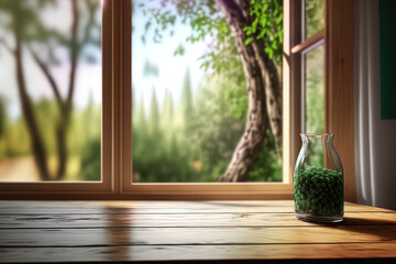 For your decoration, a table background with a blurred window and clear space is available. Generative AI