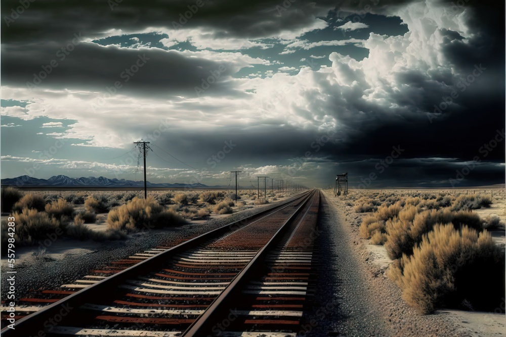 Poster a train track in the middle of a desert with a sky full of clouds above it and a telephone pole in t