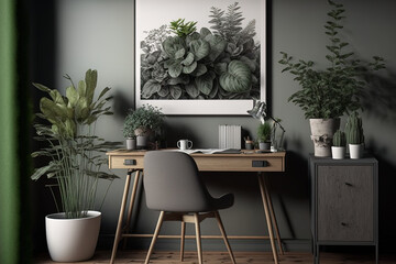 Plants and a chair at a wooden table can be found in a gray, roomy home office. Generative AI