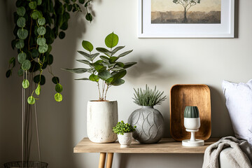 With plants in various pots, a cement apple, and a wooden table, the living room features a stylish and artistic combination of home decor. Stylish ornamentation. The color scheme of eucalyptus. Templ