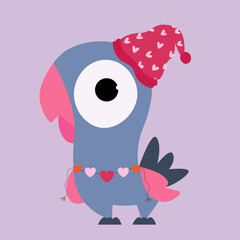 Greeting card with a cute flat design Bird with Decoration Heart Love and  Hat	