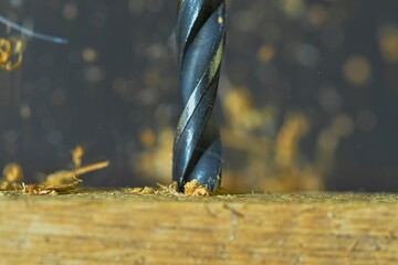 Macro image of the drill bit. Rotating drill bit and flying wood chips. Concept for woodworkers, craftsmen, DIYers. Macro and close-up image