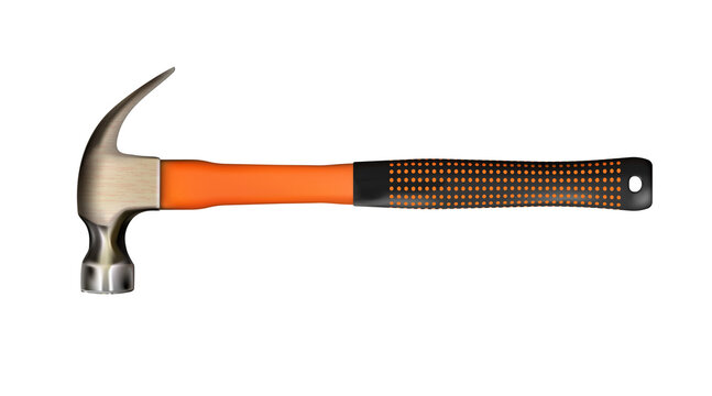 Modern steel realistic hammer with orange handle of fiberglass covered with rubber. Work tool isolated . Png
