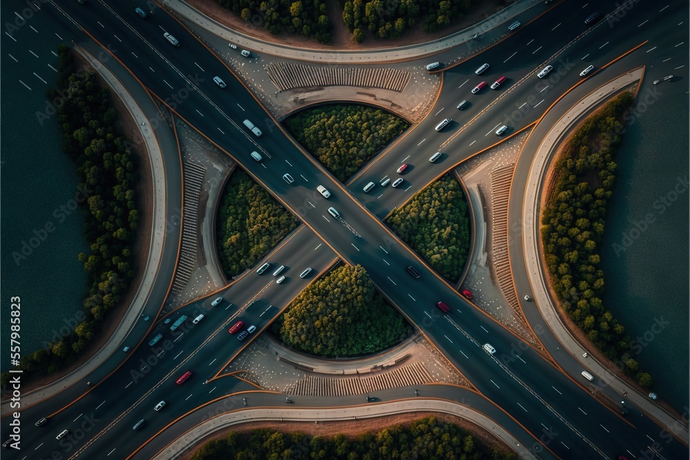 Poster an aerial view of a highway intersection with cars and trucks driving on the road in the center of t