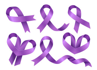 Big set of purple ribbons. Symbol of the fight against cancer. World Cancer Day.