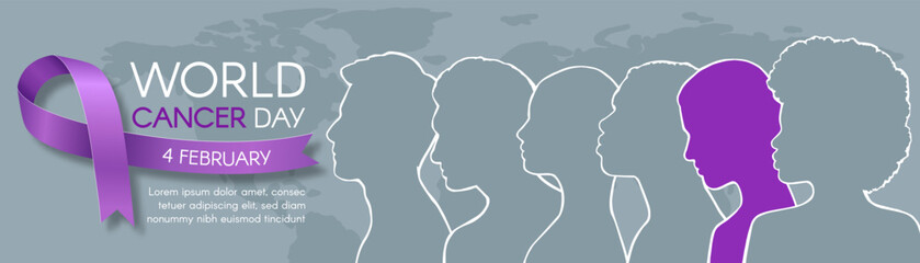 World Cancer Day. Long horizontal banner with ribbon, space for text, and different people. Vector flat illustration.