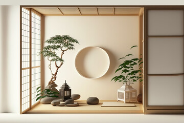 Interior of Chaina room in tropical style, with tatami mats on the floor and white walls. Generative AI