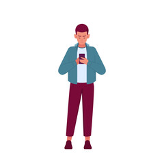 Male Character Looking On Screen Of Smartphone Gaming Or Writing Messages On Mobile Phone In Internet