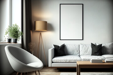 mock up poster frame in a contemporary interior background in a living room,. Generative AI