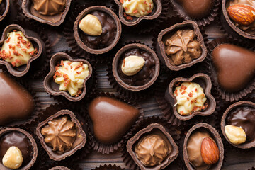 Different kinds of chocolates on colored table close-up. Top View and Flat Lay