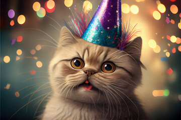 Funny cat in hat celebrating at festival event, party time concept