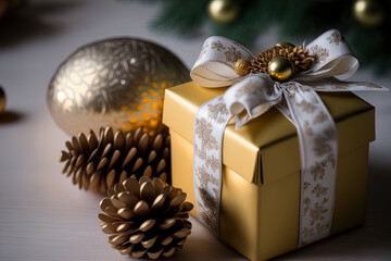 Naklejka na ściany i meble Christmas presents with a golden acorn on top are wrapped in yellow ribbon. Generative AI