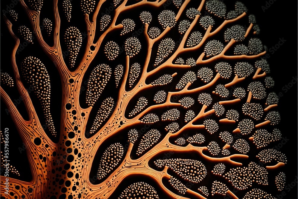 Poster a close up of a tree with lots of dots on it's branches and leaves on it's sides, with a black backg