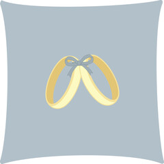 illustration of gold wedding rings on a silver pillow tied together with a bow