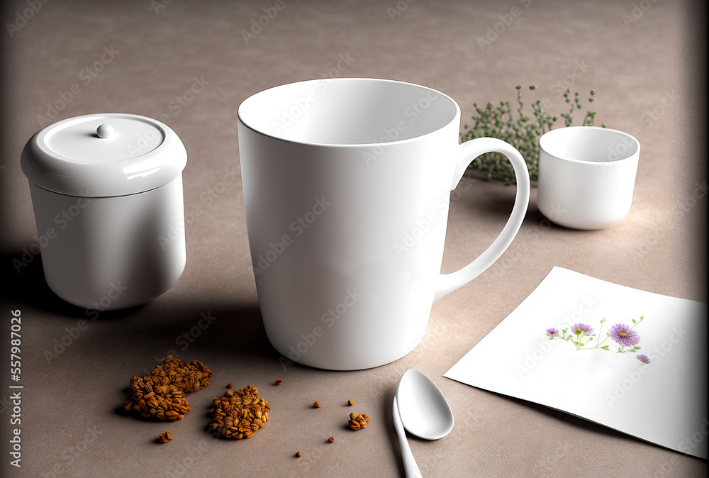 Poster a coffee cup with a spoon next to it on a table next to a cup of coffee and a spoon with a spoon in 