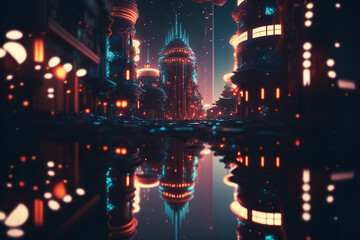 Fototapeta na wymiar Futuristic cyberpunk city in dark colors. Concept of science fiction in the city center at night with whimsical houses, castles. Gen Art 