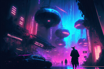 Futuristic neon cyberpunk city with the silhouette of an alien hero. Downtown sci-fi concept at night with skyscraper, highway and billboards. Gen Art
