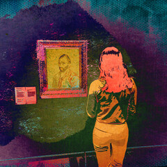 Ilustracja grafika młoda dziewczyna stoi przed portretem obrazem olejnym oprawionym w bogatą ramę. - obrazy, fototapety, plakaty
