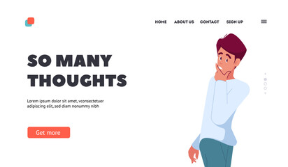 Thoughtful Person Landing Page Template. Young Pensive Man Isolated on White Background. Male Character Thinking