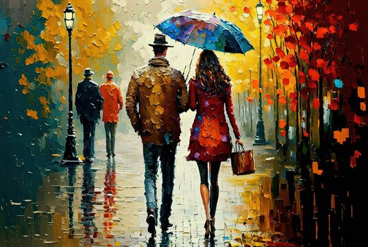 oil painting style illustration of a boy and a girl walking in beautiful park during spring rain under same umbrella