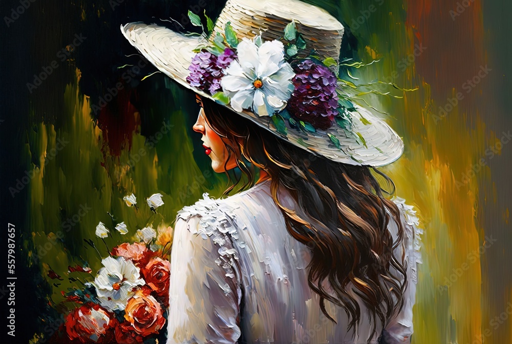 Wall mural beautiful woman wearing flower hat and vintage dress standing in flower meadow, oil painting style illustration 