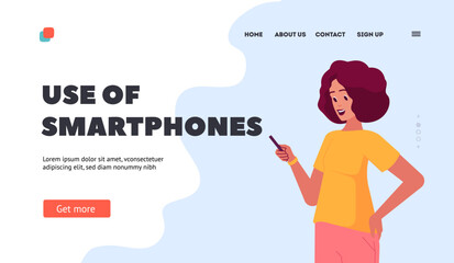 Smartphone Use Landing Page Template. Young Woman Send Messages to Friends. Girl Character Texting Sms