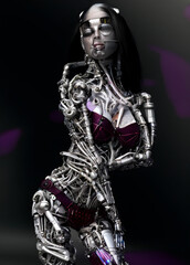 Generative AI : Cyborg Lady in model pose, high detail biomechanical body frame