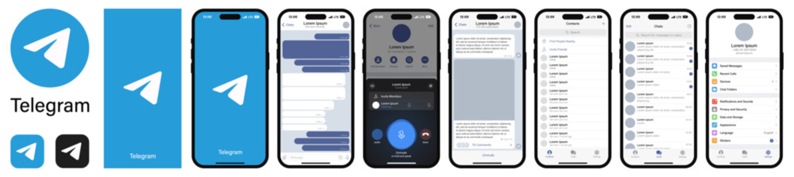 Telegram Mockup. Set Telegram Screen Social Media And Social Network Interface Template. Telegram Photo Frame. Voice Chat. Iphone X Editorial Vector. Vinnitsa, Ukraine - January 1, 2023