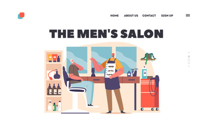 Fototapeta na wymiar Men Salon Landing Page Template. Barbershop Services Concept with Barber Offer to Client Mustaches Style Illustration