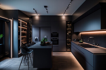 An ultra modern, spacious apartment with a trendy luxury kitchen decor in dark hues, very cool led lighting, an island for cooking, and a dining room. Generative AI - 557988664