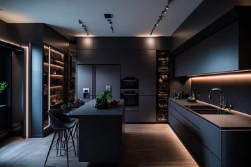 Poster An ultra modern, spacious apartment with a trendy luxury kitchen decor in dark hues, very cool led lighting, an island for cooking, and a dining room. Generative AI © 2rogan