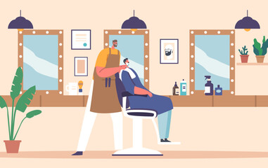 Hairdresser Barber Character Shaving Male Client Beard In Men Beauty Salon or Barbershop Vector Illustration