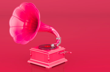 Retro phonograph, vintage gramophone in trending viva magenta colors, 3D rendering