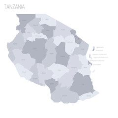 Tanzania political map of administrative divisions - regions. Grey vector map with labels.