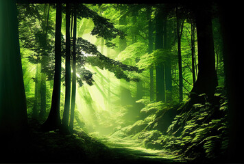 Calm green forest natural background with moss and trees